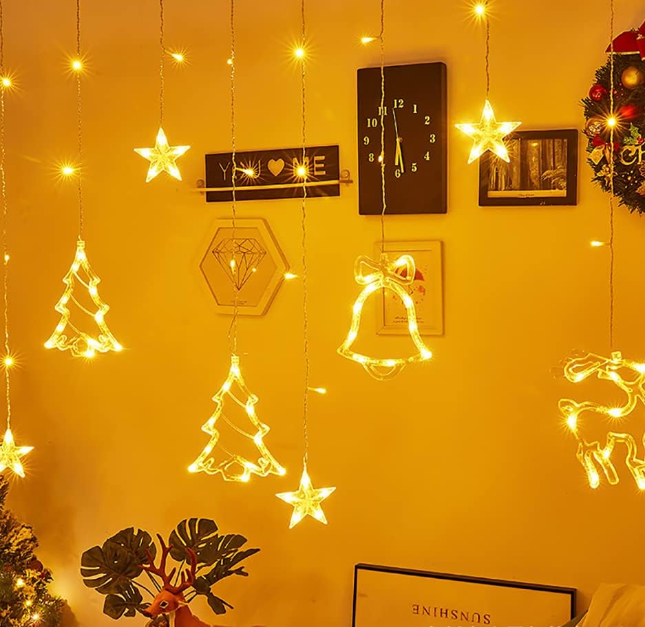 אורות מיתרים לחג המולד 12ft עם עצי חג המולד, כוכבים, פעמונים, אלקים, פלאגין USB 8 מצבי וילון נצנוץ אורות