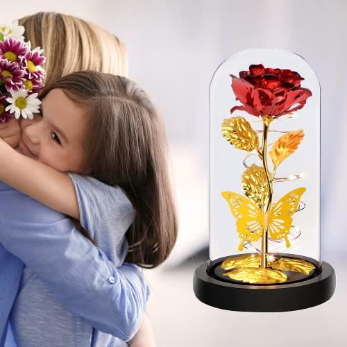 גלקסי רוז גלקסי קריסטל פרחים מתנות פרפר לנשים, מתנות ליום הולדת לאמא לנשים, להדלק לנצח ורד בכיפת זכוכית,