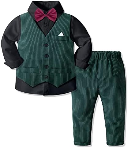 אנג ' לווילה סט חליפה רשמית לילד, חליפת טוקסידו בכושר רזה עם חולצת שמלת ילד, סט מכנסיים אפוד ועניבת פרפר