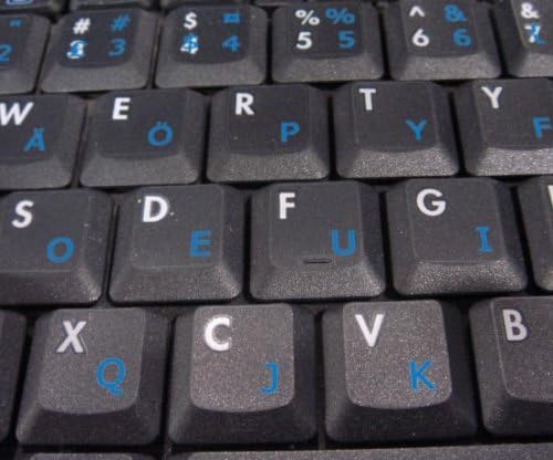 תוויות מקלדת סבורק עם כיתוב כחול על רקע שקוף לשולחן עבודה, מחשב נייד ומחברת