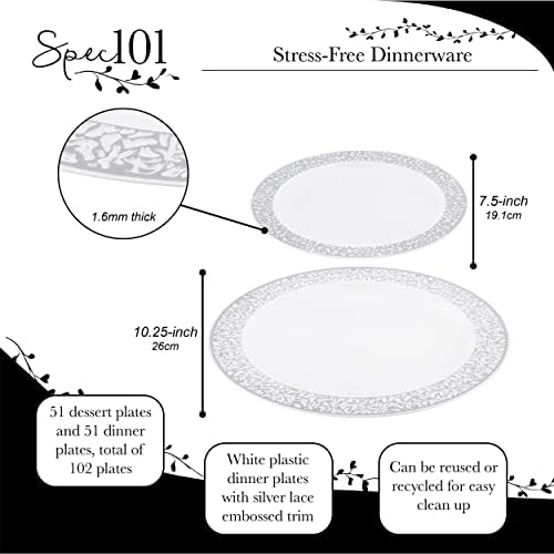 Spec101 צלחות פלסטיק סט ארוחות ערב חד פעמיות - 102 pc 7.5in ו- 10.25 אינץ
