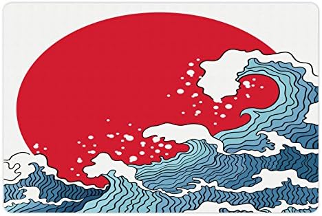 אמבסון יפני גל לחיות מחמד מחצלת עבור מזון ומים, גדול אדום שמש הגדרת נוף טרופי ימי צונאמי מערבולות, מלבן החלקה