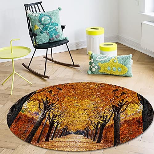 שטיח שטח עגול גדול לחדר שינה בסלון, שטיחים ללא החלקה 6ft לחדר ילדים, שביל יער סתיו מכוסה עלים נופלים עלים