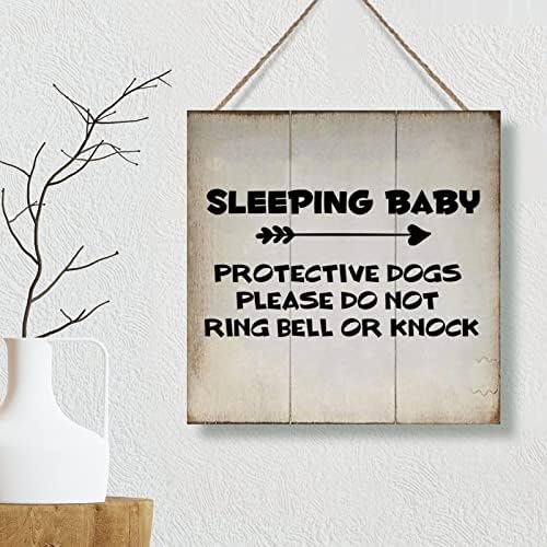 SwaveCat שלט עץ כפרי ישן כלבי מגן לתינוק בבקשה אל תצלצל בפעמון או דופק שלט אמנות קיר עץ קיר חווה וינטג