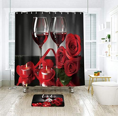 Riyidecor אדום ורד וילון מקלחת יין לעיצוב אמבטיה 72WX72H אינץ 'ולנטיין רומנטי פרחוני פרחים פורחים