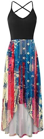 4 ביולי מקסי שמלה לנשים מקרית קיץ בוהו שמלת אמריקאי דגל סקופ צוואר קאמי שרוולים כוכבים פסים שמלה