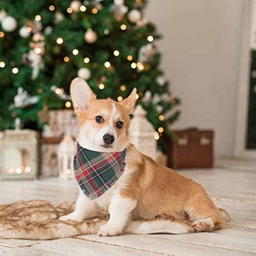 Adoggygo כלב חג המולד בנדנות עם קצוות גדילים, צעיף חג המולד משובץ מסוגנן, גדלים מרובים המוצעים, בנדנות משובצות
