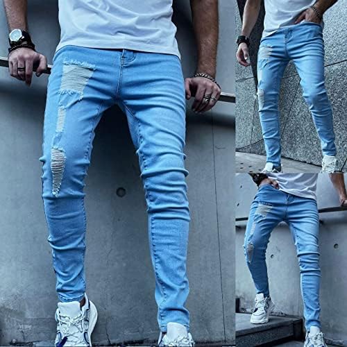 מכנסי ג 'ינס לגברים רזים נהרסו מכנסי ג' ינס מתיחה מתוחים במצוקה קרועים מכנסי ג ' ינס אופנוענים ישרים