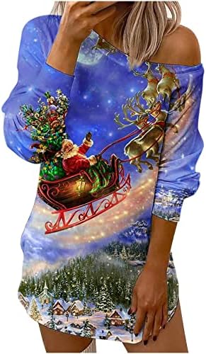 שמלות לנשים 2022 שיבה הביתה שמלת חג המולד הדפסת מלוכסנת כתף חג מזדמן טוניקת מיני סוודר שמלה