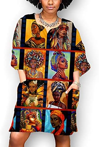 בתוספת גודל אפריקאי שמלות לנשים בציר הדפסת צווארון אמצע שרוול מזדמן מיני שמלה עם כיס