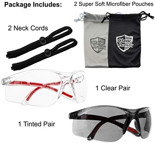 משקפי בטיחות הגנה על עיניים - משקפי נוחות - 2 זוגות, 2 מיתרי צוואר, 2 מקרים - טכנולוגיית עדשות סופרלייט