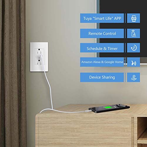 אפליקציית Tuya חכמה WiFi Outlet עם יציאת USB, 5V 2.4A Outlet מטען USB תואם ל- Alexa, Google Assistant,