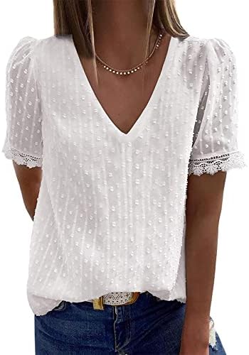 קיץ חולצות לנשים שוויצרי דוט אלגנטי קצר שרוול צווארון מוצק בבאגי מזדמן יומי חולצות חולצות