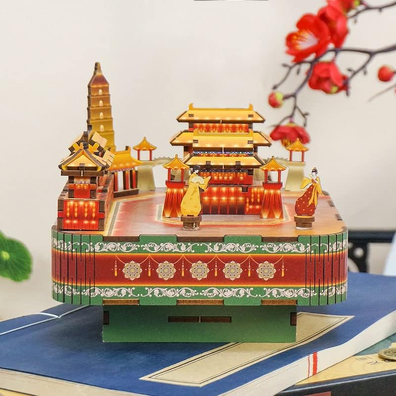טונצ'ר ארמון סיני קופסת מוסיקה מעץ במנגינה של חרסינה כחולה ולבנה DIY DIY תיבת תנועה מוזיקלית, מתנות לתיבת