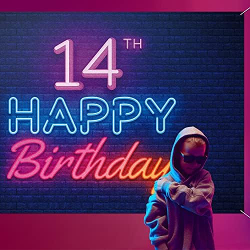 זוהר ניאון שמח 14 יום הולדת רקע באנר דקור שחור-צבעוני זוהר 14 שנים מסיבת יום הולדת נושא קישוטי