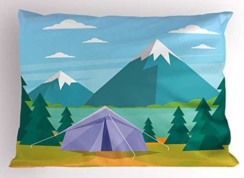 כרית קמפינג לונא -נדיבה, פעילות פנאי מצוירת עם אגם הרים ועצים עיצוב נושא נסיעה, דקורטיבי כרית כרית מודפסת