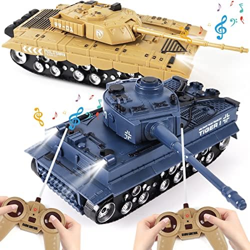 Deao RC טנק 2 מחשב טנק צעצועים לצעצועים לצבא לילדים, מיכל שלט רחוק עם צריח וסאונד מסתובב, צעצועים