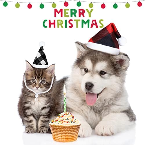 כובעי חג המולד של Xuniea חתול 4 חתיכות משובצות כובעי סנטה כלב כובעי בעלי חיים קטנים כובעי חג המולד מחמד כובעי