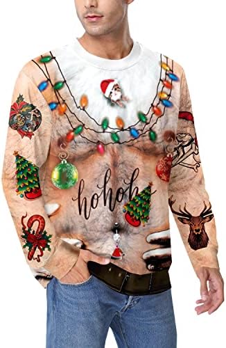חג המולד גברים מכוערים תלת מימד מודפסים חולצות מצחיקות חולצות מסיבות חג חג המולד סווטשירט שרוול ארוך חזה