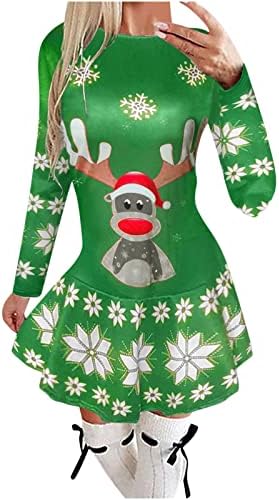 נשים מיני שמלות אופנה צוואר חג המולד הדפסת טוטו מסיבת שמלה רזה ארוך שרוול חג מזדמן סוודר שמלה
