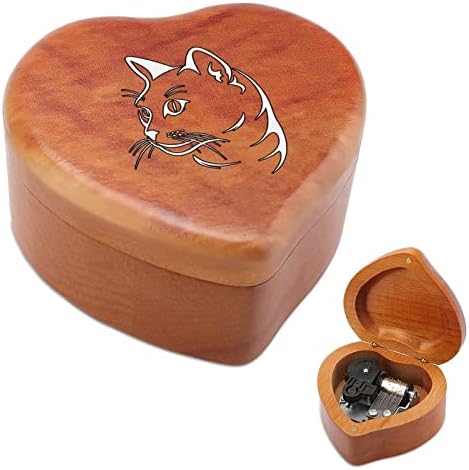 פרצוף חתול על קופסת מוסיקה עץ שחור קופסאות לב צורה קופסאות מוזיקליות קופסאות עץ וינטג 'למתנה