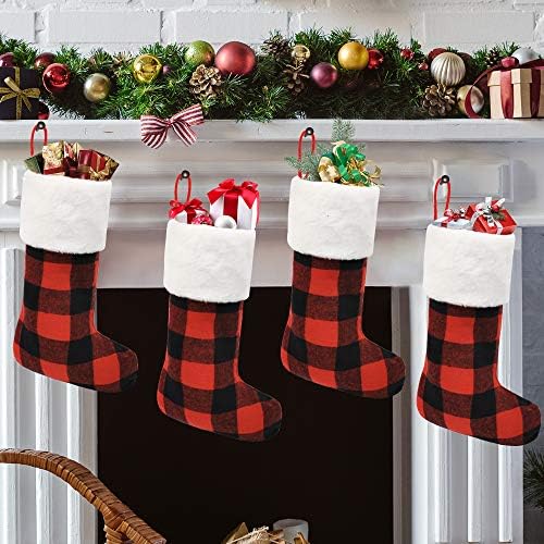 ג'וין 18 גרבי חג המולד אדום שחור שחור משובץ גרביים משובצים, 4 איחוד גרבי חג מולד גדול עם שרוול קטיפה, אח