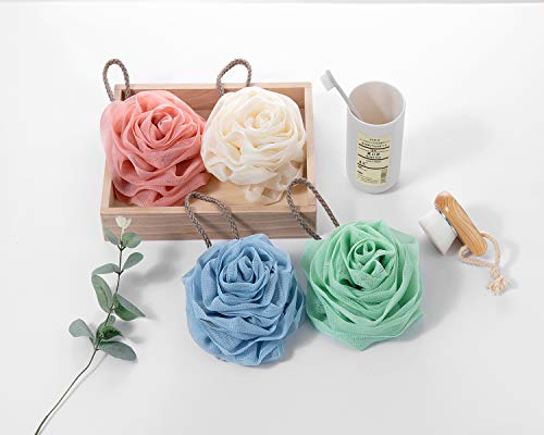 טוביאן 4-חבילות רשת רכה POUFS אמבטיה LOOFAH צורת פרח ורד רשת נשיפה פילינג מקלחת ספוג קרצוף כדור 4 צבעים מתאימים