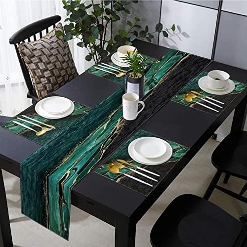 רץ לשולחן שיש ומפיות סט של 6, ירוק שחור זהב שיש מרקם מודרני מופשט אוכל שולחן דקור לשימוש יומיומי