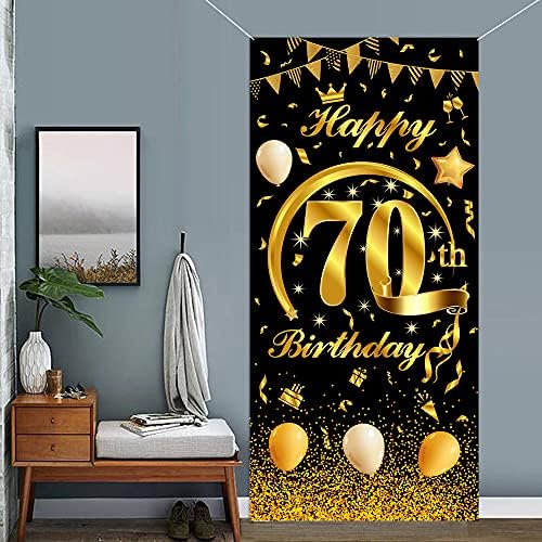 מוקוסמי שמח 70 יום הולדת דלת באנר, גדול שחור וזהב יום הולדת שמח דלת כיסוי מרפסת צילום רקע רקע סימן לנשים גברים