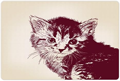 מחצלת חיות מחמד לחתול אמבסון למזון ומים, איור סגנון גראנג 'של קצת קיטי תמים על רקע וינטג', מחצלת גומי ללא החלקה