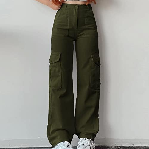 מכנסי מטען רחבים לנשים נערות נוער נשים מותניים גבוהות ג'ינס ישר מכנסי בגדי רחוב שנות ה -90 עם כיסים