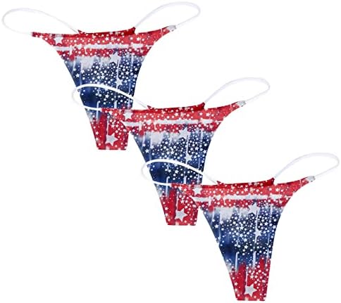 תחתוני ביקיני לנשים חבילה של 3 חתך גבוה ארהב 4 ביולי רצועת מתיחה G-String Low Riming USA דגל דגל הדפסת חוטיני סקסי