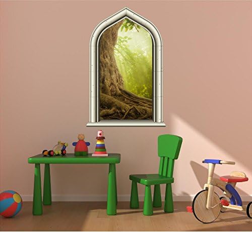 36 חלון טירה מימי הביניים נוף עץ קסום מס '2 מדבקת קיר מדבקות חדר ילדים משרד ביתי אמנות עיצוב דן גבר מערת קיר