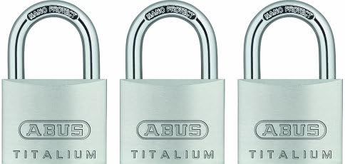 ABUS 64TI/40 מנעול סגסוגת אלומיניום טיטליום, מפתח כאחד עם ננו מגן על אזיק פלדה, חבילה של 3
