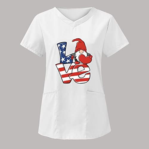 4 ביולי חולצות לנשים דגל ארה ב קיץ שרוול קצר חולצות עם 2 כיסים חולצה למעלה בגדי עבודה מזדמנים לחג