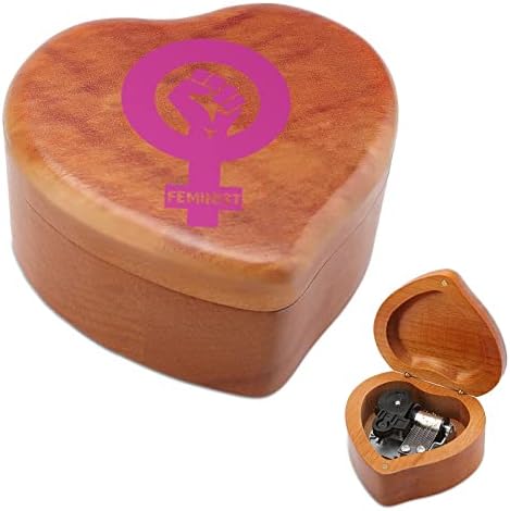 להילחם על קופסא מוזיקת ​​עץ פמיניסטית קופסא מוסיקה מעץ צורת לב, מארז קופסאות מוזיקליות מודפסות ליום הולדת ולנטיין