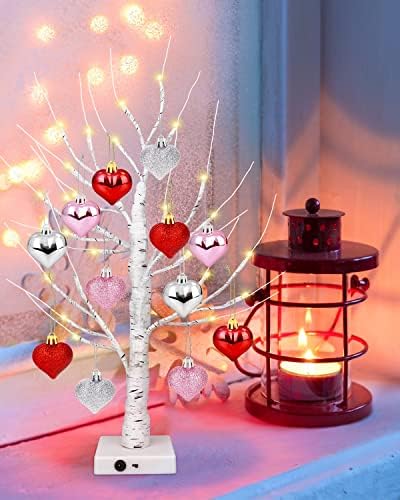 2ft יום האהבה אורות עץ ליבנה, עץ מלאכותי לחג המולד עם 24 נורות LED, 12 יח 'תלויים מרכז לב, חדר