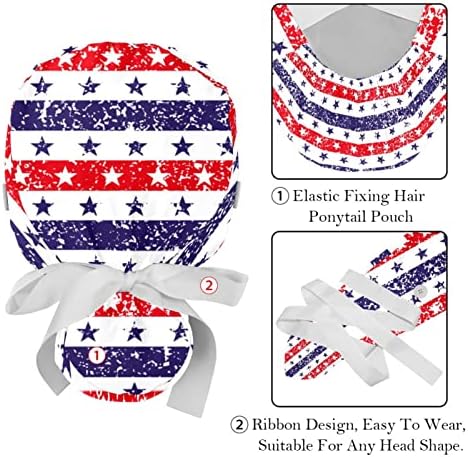יוניסקס 2 PSC Scrub Caps נשים עם כפתורים כובעי רצועת זיעה כובעי קרצוף לנשים, ארהב דגל אמריקאי רטרו
