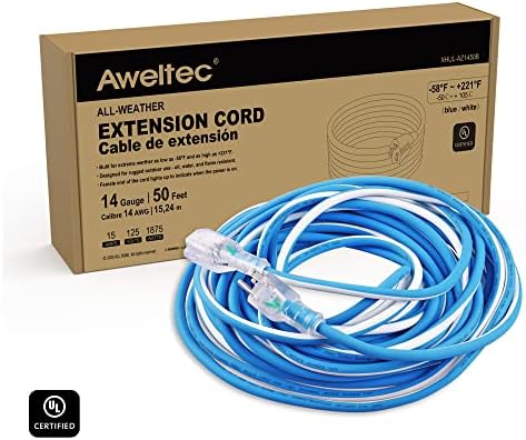 Aweltec Outdoor 14/3 כבל הרחבה 14AWG 50ft 15amp 1875watts, TPE RUBBER SJEOW כבל חשמל מואר, כחול + לבן,