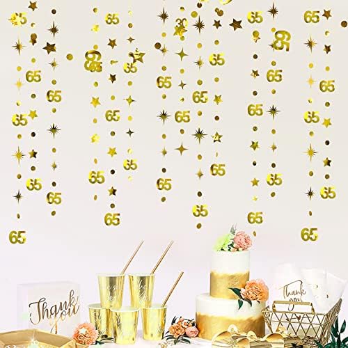 קישוטי יום הולדת 65 זהב מספר 65 מעגל נקודה נצנוץ כוכב גרלנד מתכת תלייה סטרינר זרימה באנר באנר ליום הולדת