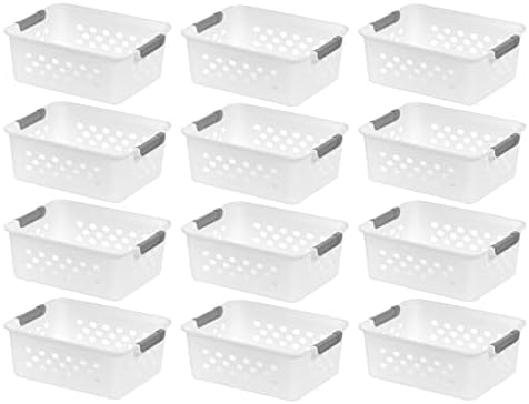 סלסלת אחסון מפלסטיק של איריס ארהב, 12 חבילות, קטנות, מארגן סל מדף למגנירים, מטבחים, ארונות וחדרי שינה, לבן
