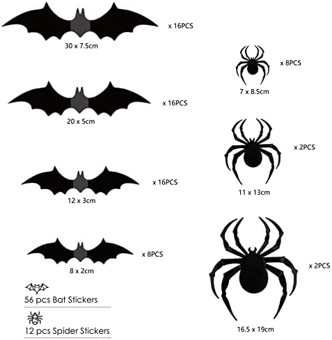 CSTUZ ​​HALLOWEEN תלת מימד עטלפים ועכבישים עכבישים לחיצוניות מקורה, 56 מדבקה שחורה, 12 מתנות מדבקות ילדים,
