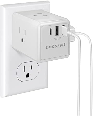 מאריך אאוטלט עם USB C, Tecsigil Multi Plug Outlet, מפצל יציאה עם 3 יציאות טעינה של AC+3 USB, Outlet Surge Protector