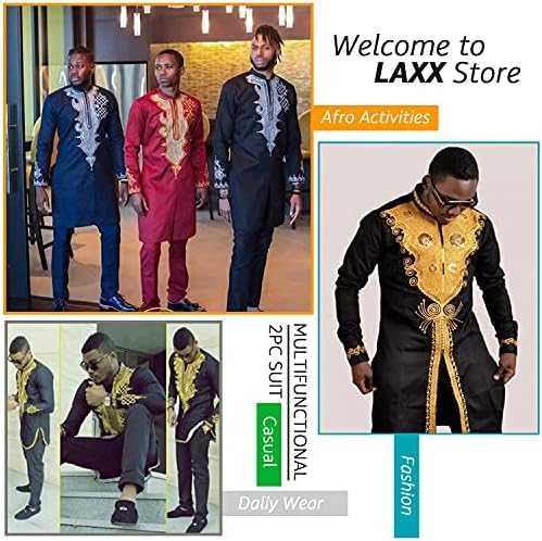 חולצת דשיקי אפריקאית של Laxx גברים אפריקאית, דפוס שבטי מסורתי מודפס מכנסי מכנסי שרוול ארוך