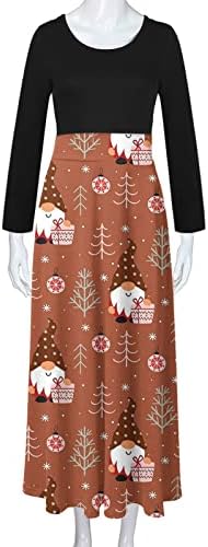 שמלת חג המולד של נשים מותניים גבוהה טלאים שמלות מזדמנים הדפס איילים שמלת מקסי שרוול ארוך
