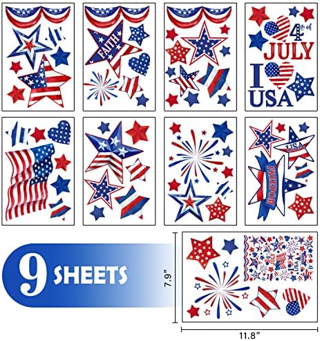 MFAULT 118 יחידות 9 גיליונות 4 ביולי אמריקה נצמד חלון, כוכבי דגל אמריקאים פסים זיקוקים פטריוטיים מדבקות זכוכית