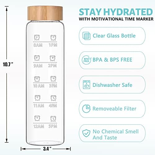 RNCKUUE 1 ליטר בקבוקי מים זכוכית - 32 גרם בקבוק שתייה של כוס זכוכית בורוסיליקט גדול, פה רחב עם מכסה במבוק