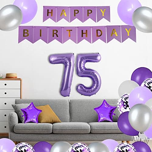 יוג'יאונלי 75 קישוטי מסיבת יום הולדת 75 סגול יום הולדת שמח באנר נייר סגול 40 אינץ 'מספר 75 יום הולדת