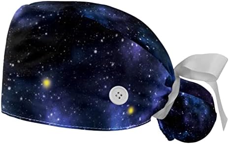 כובעים רפואיים לנשים עם כפתורים שיער ארוך, כובע עבודה מתכוונן 2 חלקים, גלקסי השמיים הכוכבים הקוסמיים