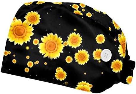 דייזי פרחוני שחור עבודה כובע עם כפתורים מתכוונן נפוח כובע יוניסקס לשפשף כובע, 2 יחידות